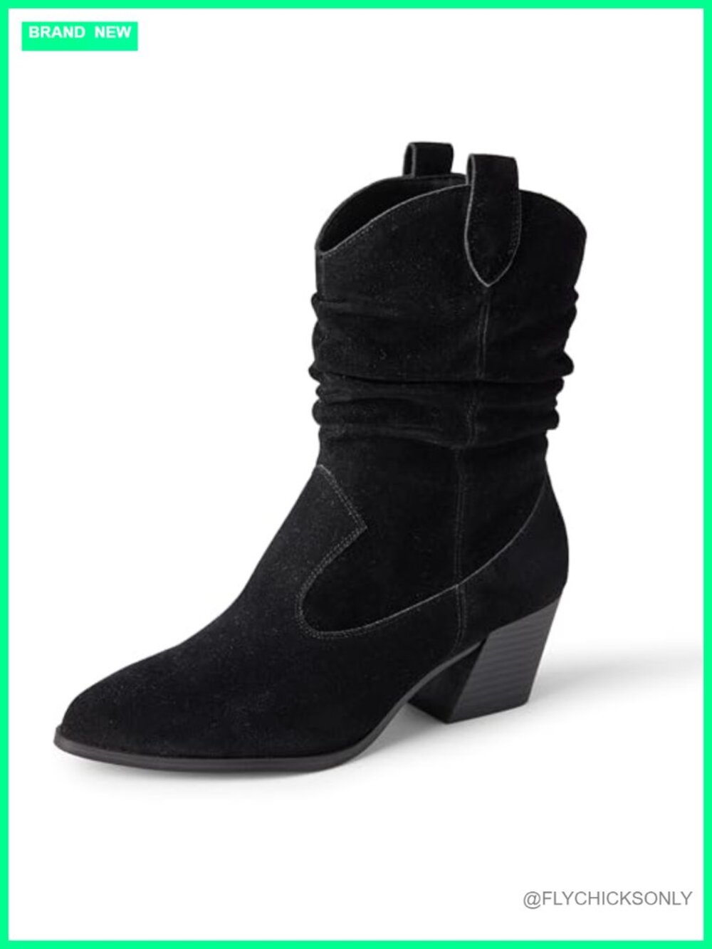 Western Mid Calf Boots Faux Suede Side Zip Slouchy Block Heel